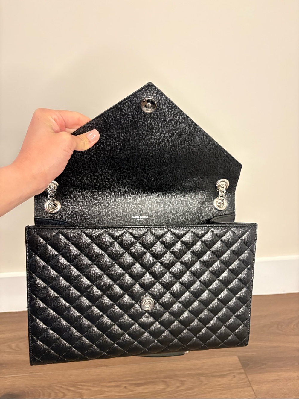 Saint Laurent Black Quilted Chevron and Diamond Envelope Shoulder Bag - Picture 9 of 15